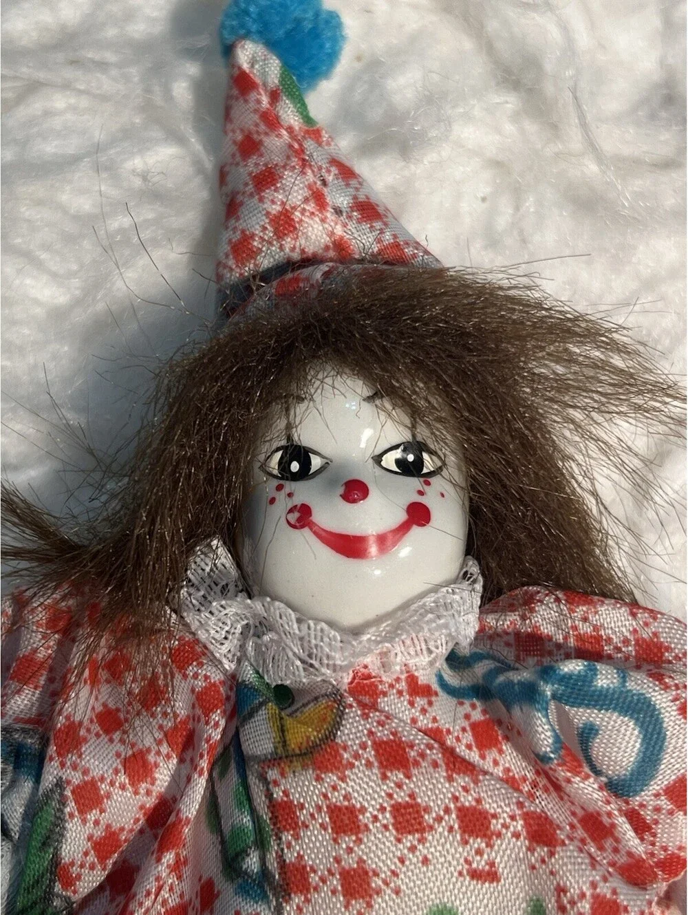 Vintage Porcelain Clown Dolls Sand Bag: Red Checkered Outfit & Brown Hair